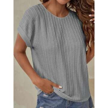 Afkwek Womens Summer Tops Crochet Cap Short Sleeve Shirts for Women Casual Loose Texture Round Neck Knit Tshirts Blouse Clothing Gray XX-Large