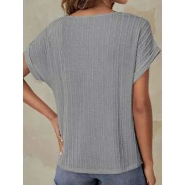 Afkwek Womens Summer Tops Crochet Cap Short Sleeve Shirts for Women Casual Loose Texture Round Neck Knit Tshirts Blouse Clothing Gray XX-Large