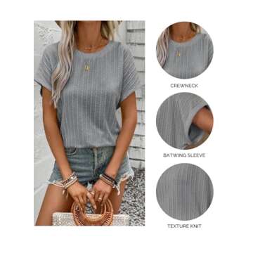 Afkwek Womens Summer Tops Crochet Cap Short Sleeve Shirts for Women Casual Loose Texture Round Neck Knit Tshirts Blouse Clothing Gray XX-Large