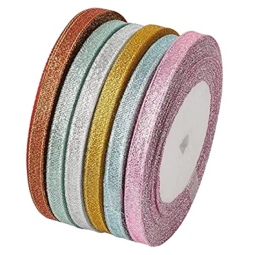 Fashewelry 6 Rolls 198 Yards Sparkly Glitter Fabric Ribbon 1/4-Inch 6mm Metallic Sheer Organza Ribbo...