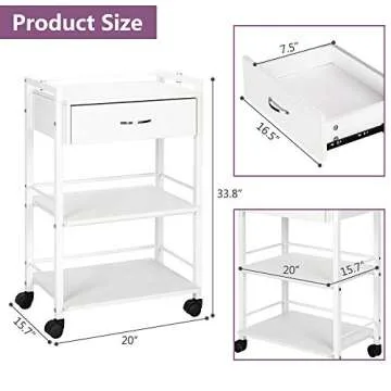 Durable White Salon Trolley Cart for Beauty SPA - Mobile Utility Cabinet with 1 Drawer, 2 Trays