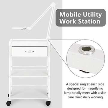 Salon Trolley Cart for Beauty SPA, Wooden Rolling Storage Station, White Mobile Utility Cabinet with 1 Drawer 2 Trays, Medical Esthetic Supply Holder for Massage Tattoo Facials