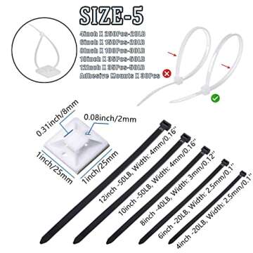 Zip Wire Ties 600Pcs Small Cable Zip Ties with Cable Mounts Nylon Zip Cable Ties Assorted Sizes 4+6+8+12 Inch, Self-Locking Tie Wraps Perfect for Home Garden Trellis Office Garage Workshop