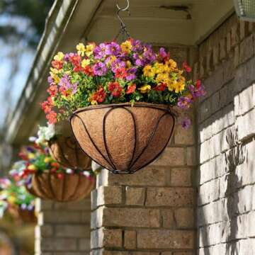 Artificial Faux Hanging Outdoor Plants Flowers Basket for Spring Summer Outside Decoration, Fake Sil...