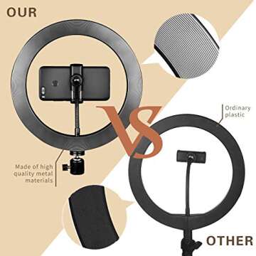 LED Ring Light 10" with Tripod Stand & Phone Holder for YouTube Video and Makeup, Mini LED Camera Light with Cell Phone Holder Desktop LED Lamp with 3 Light Modes & 11 Brightness Level (10")