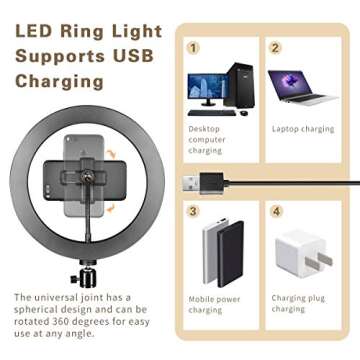 LED Ring Light 10" with Tripod Stand & Phone Holder for YouTube Video and Makeup, Mini LED Camera Light with Cell Phone Holder Desktop LED Lamp with 3 Light Modes & 11 Brightness Level (10")