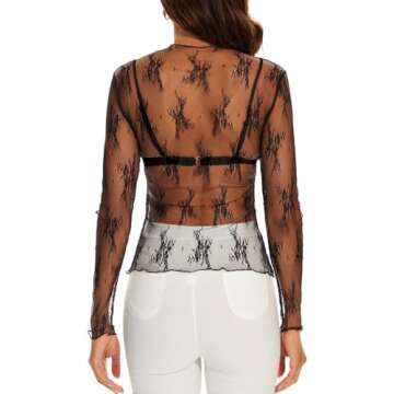 WIHOLL Womens Fashion 2024 Tops Black Lace Long Sleeve Sheer See Through Lace Floral Going Out Layering Shirts S
