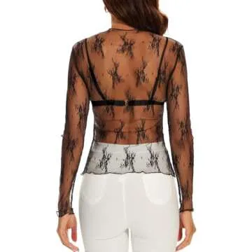 WIHOLL Womens Fashion 2024 Tops Black Lace Long Sleeve Sheer See Through Lace Floral Going Out Layering Shirts S