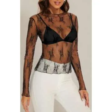 WIHOLL Womens Fashion 2024 Tops Black Lace Long Sleeve Sheer See Through Lace Floral Going Out Layering Shirts S