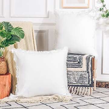 NEXHOME PRO Boho Throw Pillow Covers for Couch Set of 2 26"x26", Handmade Decorative Linen Pillow Covers for Bed, Sofa, Living Room, Farmhouse Fringed Cushion Covers, White (Insert Not Included)