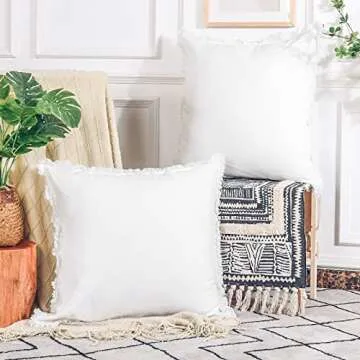 NEXHOME PRO Boho Throw Pillow Covers for Couch Set of 2 26"x26", Handmade Decorative Linen Pillow Covers for Bed, Sofa, Living Room, Farmhouse Fringed Cushion Covers, White (Insert Not Included)