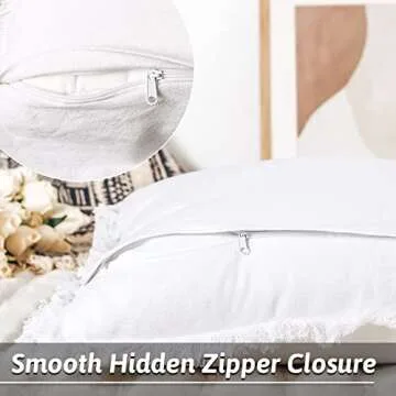 NEXHOME PRO Boho Throw Pillow Covers for Couch Set of 2 26"x26", Handmade Decorative Linen Pillow Covers for Bed, Sofa, Living Room, Farmhouse Fringed Cushion Covers, White (Insert Not Included)