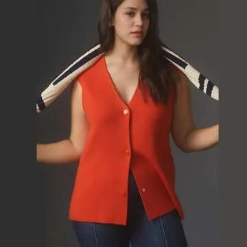 Hixiaohe Knit Sweater Vest for Women Sleeveless Cardigan V Neck Button Tank Tops Womens Fashion Casual Summer Dress Waistcoat(Red,S)