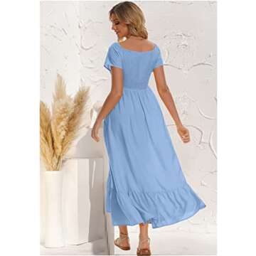 Sanmuzi 2025 Summer Casual Smocked Maxi Dress Short Sleeve Tiered Elastic Waist Flowy Boho Beach A Line Dress