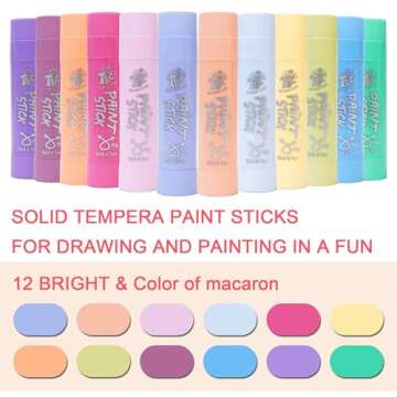 TBC The Best Crafts Paint Sticks, 12 Colors Pastel, Washable Paint, Non-toxic, Tempera Paint Sticks for Kids and Students