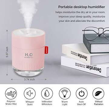 Portable Mini Humidifier, 500ml Small Cool Mist Humidifier, USB Personal Desktop Humidifier for Baby Bedroom Travel Office Home, Auto Shut-Off, 2 Mist Modes, Super Quiet (Pink)