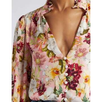 Womens Fall Tops Floral Top Printed Long Sleeve Shirts for Women V Neck Women Top Fall Clothing for Women 2023 Cardigan for Women Pink