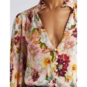 Womens Fall Tops Floral Top Printed Long Sleeve Shirts for Women V Neck Women Top Fall Clothing for Women 2023 Cardigan for Women Pink