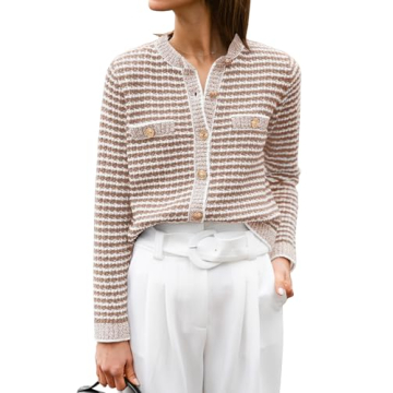 ANRABESS Women's Striped Cardigan Sweaters Casual Long Sleeve Open Front Button Down Knit Cropped Ja...