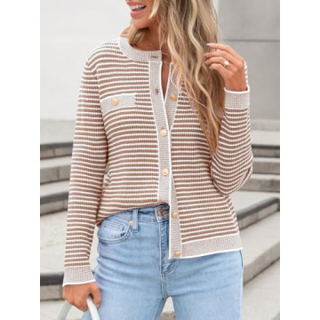 ANRABESS Women's Striped Cardigan Sweaters Casual Long Sleeve Open Front Button Down Knit Cropped Jackets Fall Coat Outerwear Small