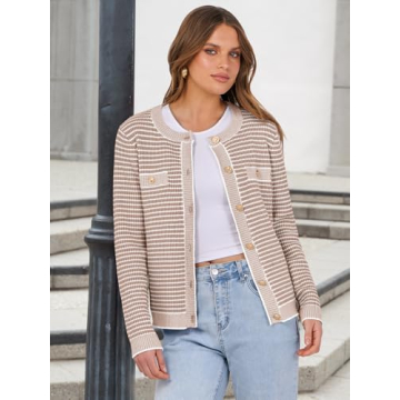 ANRABESS Women's Striped Cardigan Sweaters Casual Long Sleeve Open Front Button Down Knit Cropped Jackets Fall Coat Outerwear Small
