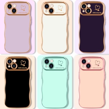 LCHULLE for iPhone 14 Case for Women Girls, Cute Wave Frame Curly Shape with Love Heart Pattern Raised Camera Protection Cover Luxury Plating Shockproof Phone Case for iPhone 14, Dark Purple