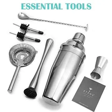 ETENS Cocktail Shaker Set Stainless Steel & Bar Set, Bartender Kit Mixology Drink Mixer, Bartending Tools Gifts: Martini Shaker 24oz, Muddler, Strainer, Measuring Jigger, Alcohol Pourer, Mixing Spoon