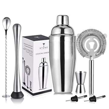 ETENS Cocktail Shaker Set Stainless Steel & Bar Set, Bartender Kit Mixology Drink Mixer, Bartending Tools Gifts: Martini Shaker 24oz, Muddler, Strainer, Measuring Jigger, Alcohol Pourer, Mixing Spoon