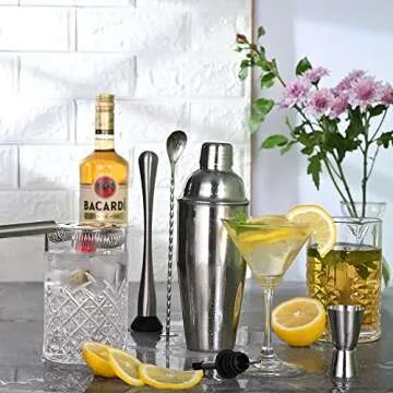 ETENS Cocktail Shaker Set Stainless Steel & Bar Set, Bartender Kit Mixology Drink Mixer, Bartending Tools Gifts: Martini Shaker 24oz, Muddler, Strainer, Measuring Jigger, Alcohol Pourer, Mixing Spoon