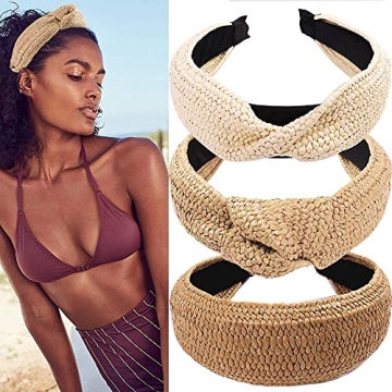 3 Pieces Straw Boho Wide Knotted Fashion Hair Accessories - Beach Twist Hoop Headbands for Women, La...