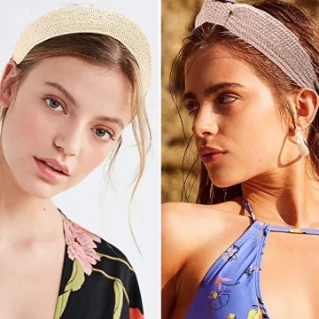 3 Pieces Straw Boho Wide Knotted Fashion Hair Accessories - Beach Twist Hoop Headbands for Women, Lafite