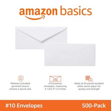 Amazon Basics #10 Business Letter Envelopes with Gummed Seal, 500-Pack, No Tint