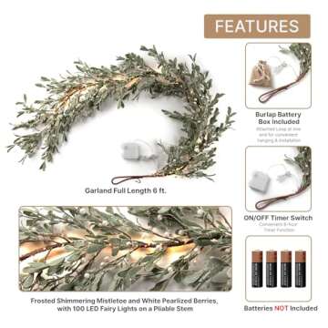LampLust Lighted Garland Battery Operated, 6 Ft Frosted Mistletoe with Pearl Beads, 100 LED Lights & Timer, Spring Garland for Mantle All Year Round, Farmhouse Dining Table Decor, Spring Table Decor
