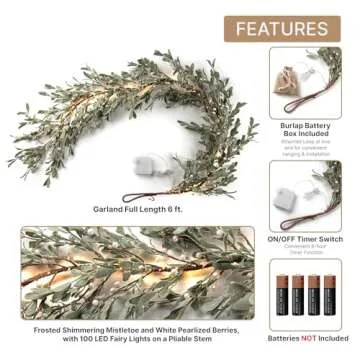 LampLust Lighted Garland Battery Operated, 6 Ft Frosted Mistletoe with Pearl Beads, 100 LED Lights & Timer, Spring Garland for Mantle All Year Round, Farmhouse Dining Table Decor, Spring Table Decor