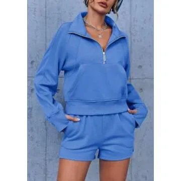 Fisoew Women's 2 Piece Outfits Half Zip Pullovers Sweatshirt and Shorts Workoout Sweat Sets Sweatsuit
