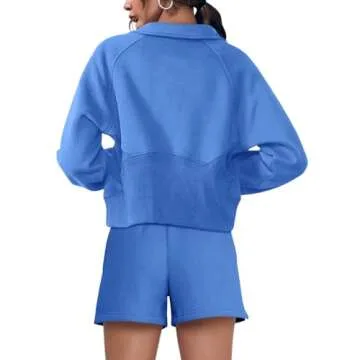 Fisoew Women's 2 Piece Outfits Half Zip Pullovers Sweatshirt and Shorts Workoout Sweat Sets Sweatsuit