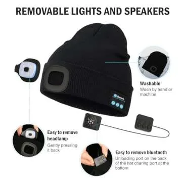 CENSGO Bluetooth Beanie with The Light, Unique Tech Gifts for Men Husband Him Teen, Wireless Headphones for Fishing Jogging Working, Christmas Stocking Black