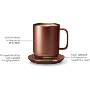 Amazon Ember Temperature Control Smart Mug 2, 10 oz, 1.5-hr Battery Life - App Controlled Heated Coffee Mug - Improved Design (10oz Copper) (Renewed)