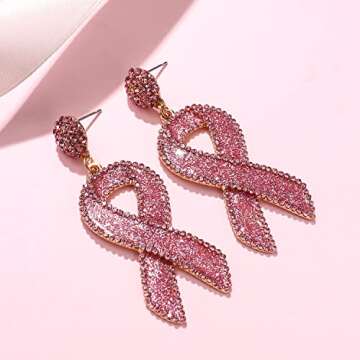 Glitter Rhinestone Pink Ribbon Drop Earrings Beaded Breast Cancer Awareness Earrings Jewelry for Wom...