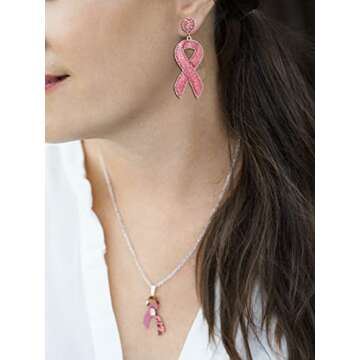 Glitter Rhinestone Pink Ribbon Drop Earrings Beaded Breast Cancer Awareness Earrings Jewelry for Women Breast Cancer Survivor Support Jewelry Gifts (Glitter rosy)