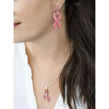 Glitter Rhinestone Pink Ribbon Drop Earrings Beaded Breast Cancer Awareness Earrings Jewelry for Women Breast Cancer Survivor Support Jewelry Gifts (Glitter rosy)