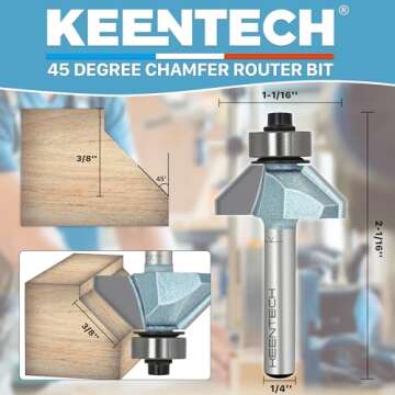 KEENTECH Router Bits, Carbide Tipped 45 Degree Chamfer Bit for Edge Forming, Industrial Grade Blue C...