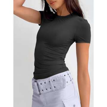 ATHMILE Womens T Shirts Casual Basic Going Out Tops Summer Slim Fit Short Sleeve Spring Crop Tops Crew Neck Tight Y2k Fashion Teen Girls 2024 Black, Small