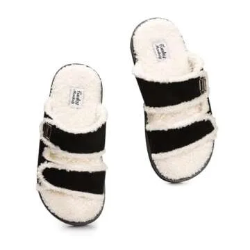 FUNKYMONKEY Women’s Cozy Fur Slippers with Double-Strap