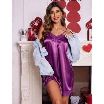 Ekouaer Women's Nightgown Satin Nightgowns for Women V-neck Lace Chemise Sleepwear Soft Lingerie for Women,Purple,Medium