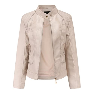 Women's Trendy Faux Leather Jacket Moto Short Jacket Fashion PU Jacket Coat (M, Beige)