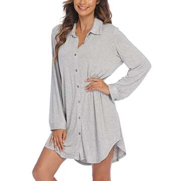 Ekouaer Women NightShirt Long Sleeve Sleep Shirts Boyfriend Sleepwear Button Down Sleep Dress Soft Pajama Top Grey Medium