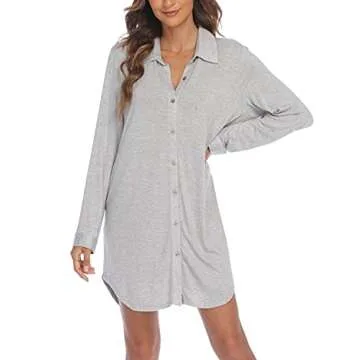 Ekouaer Women NightShirt Long Sleeve Sleep Shirts Boyfriend Sleepwear Button Down Sleep Dress Soft Pajama Top Grey Medium