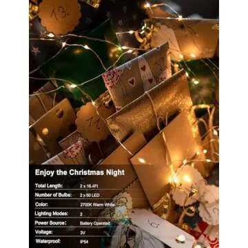 Fairy Lights Battery Operated 2 Pack 16.4Ft 50 LEDs Silver Copper Wire Twinkle String Lights with 2 Lighting Modes for Christmas Bedroom Wedding Parties Holiday Decorations (Warm White)