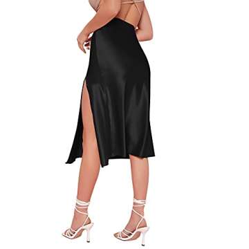 Verdusa Women's Satin Split Thigh High Waist Swing Midi Skirt - Black, Elegant & Comfortable